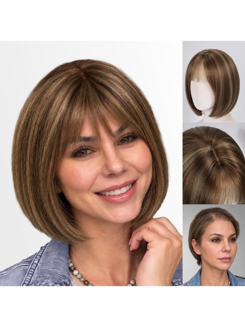 12 Inch Brown & Blonde Highlights Bob Wig - Short Straight Synthetic with Bangs